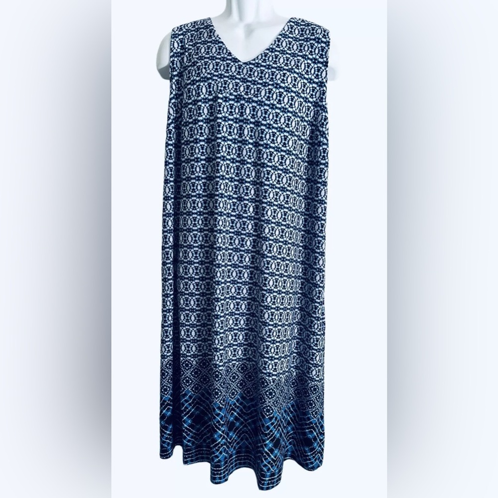 AnyWear by Catherines Dress Midi Plus Blue Batik Print Sleeveless 0X 14/16W NWT